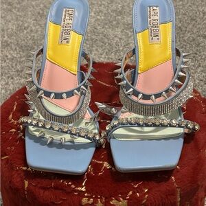 Cape Robbin Blue and Yellow Heeled Mules with Studded Strap